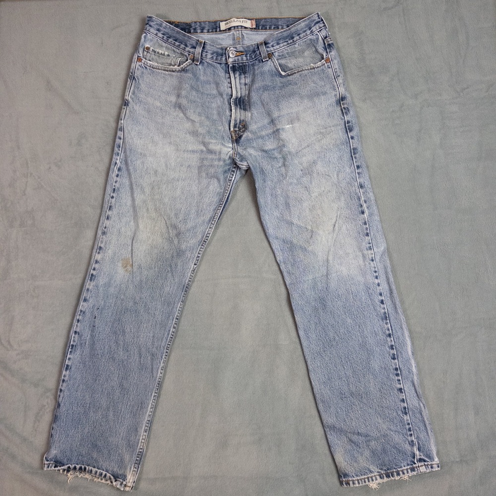 Vintage Levis 505 Regular Fit Mens 36x32 Light Wash Fair Distressed Straight Leg